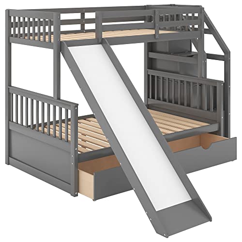 Grey Wood Twin Over Full Bunk Bed with Slides and Drawers D5069