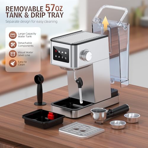 Silver Stainless Steel Espresso Machine with Milk Frother, 20 Bar, 57.5oz Water Tank K4755