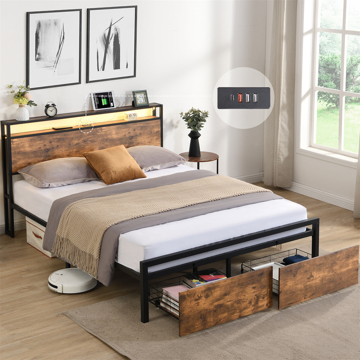 Queen Size Metal Bed Frame with Storage Headboard and 2 Drawers I5040