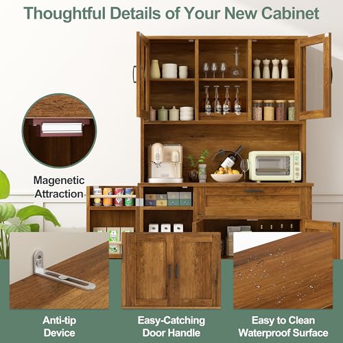 Brown Freestanding Kitchen Pantry Storage Cabinet with Microwave Stand, 4 Door Shelves, Adjustable Shelves and Wine Rack H556463