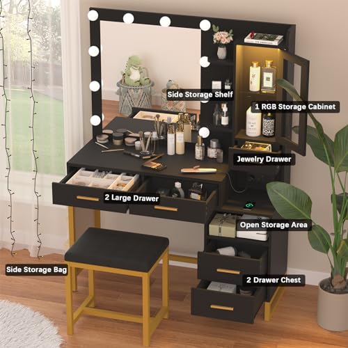 White Vanity Desk with Lighted Mirror and Chair, 5 Drawers Vanity Table Set with LED Cabinet & Storage Bag I703283