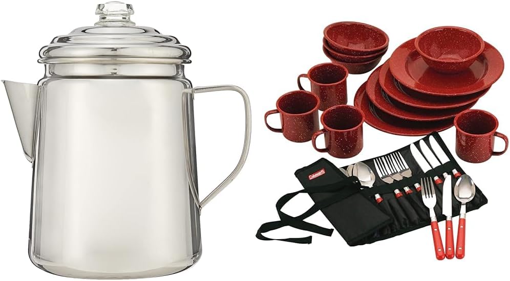 12-Cup Stainless Steel Coffee Percolator & 24-Piece Enamel Dinnerware Set G41189