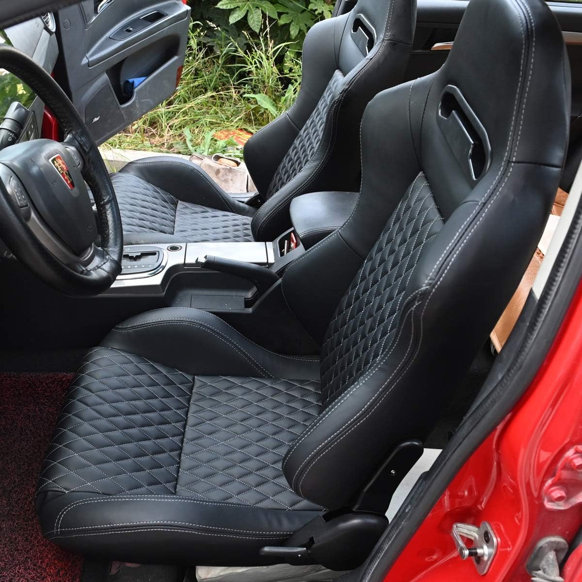 2PCS PVC Leather Racing Bucket Seats with Sliders (Black & White) E2766