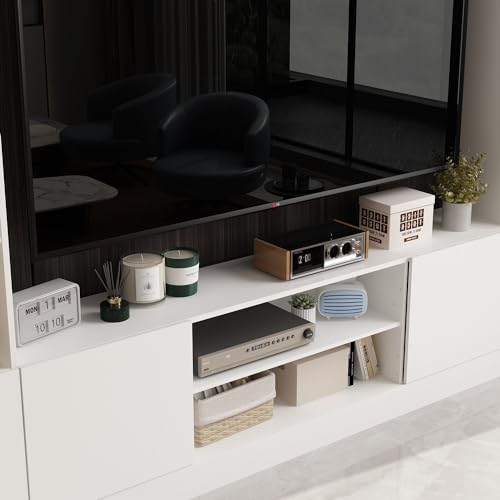 White Entertainment Center with Bookshelves and Doors 81.1"W x 11.8"D x 70.9"H G3246