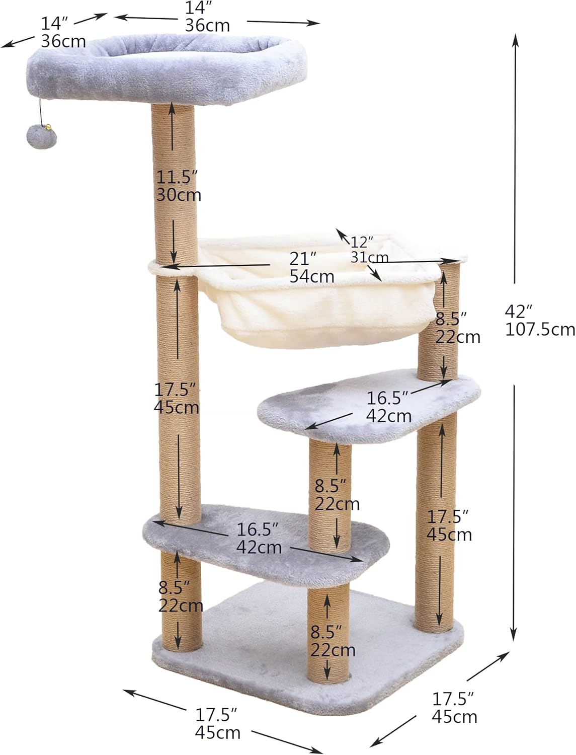 42" Grey Beige Cat Tree with Cat Hammock, Scratching Post V827154
