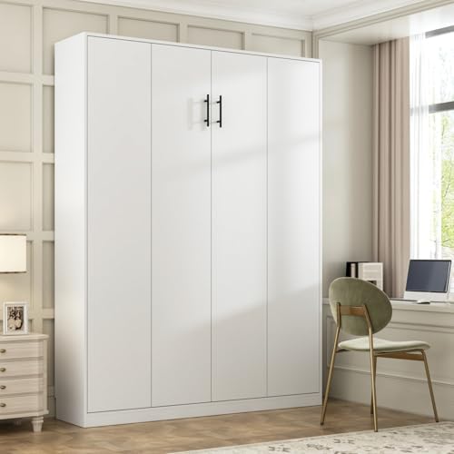 White Queen Size Murphy Wall Bed Cabinet Foldable Platform Bedframe M952141