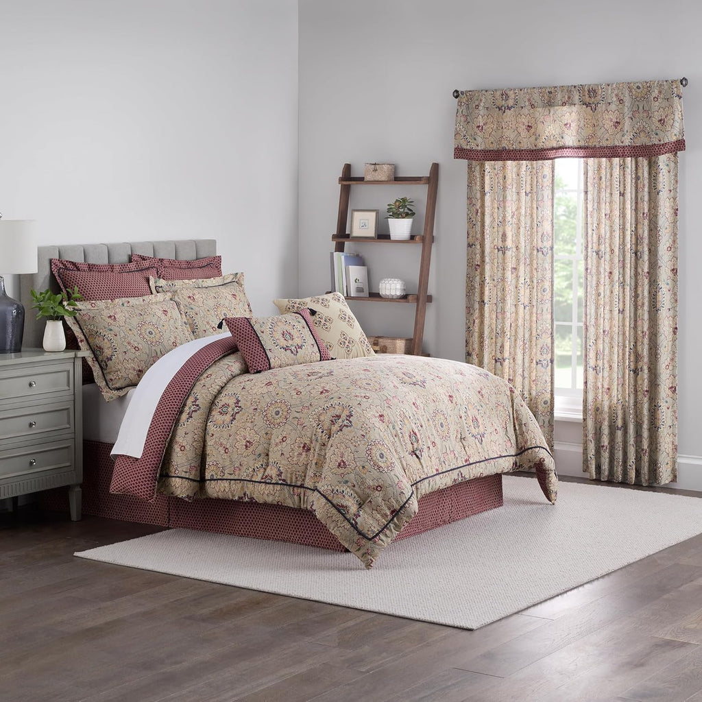 Beige & Maroon 4 Piece Cotton Comforter Set, Queen E5107