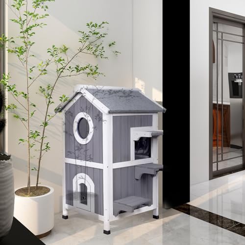 Outdoor Cat House Weatherproof Wooden Two-Story Feral Cat Shelter with Openable Roof Escape Door Balcony Z669967