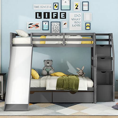 Grey Wood Twin Over Full Bunk Bed with Slides and Drawers D5069