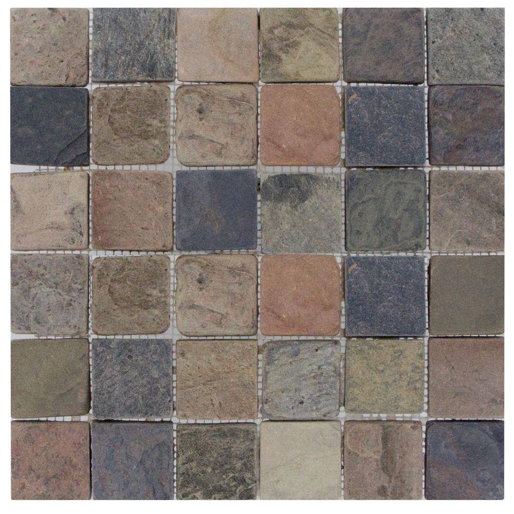 Mixed Color 12 in. x 12 in. x 10mm Tumbled Slate Mesh-Mounted Mosaic Tile (10 Sq. ft. 10 Pieces per CASE) A953354