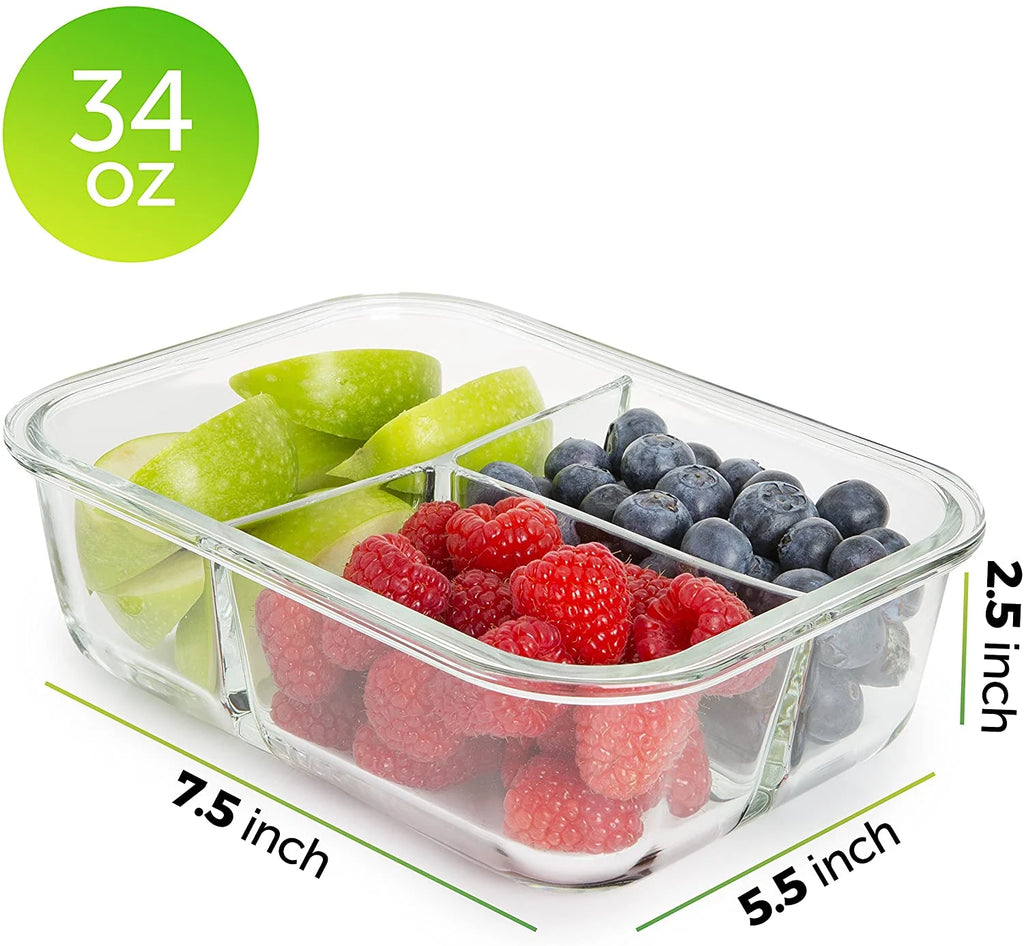 5 Packs 3 Compartments 34 Oz Glass Food Storage Containers B944409