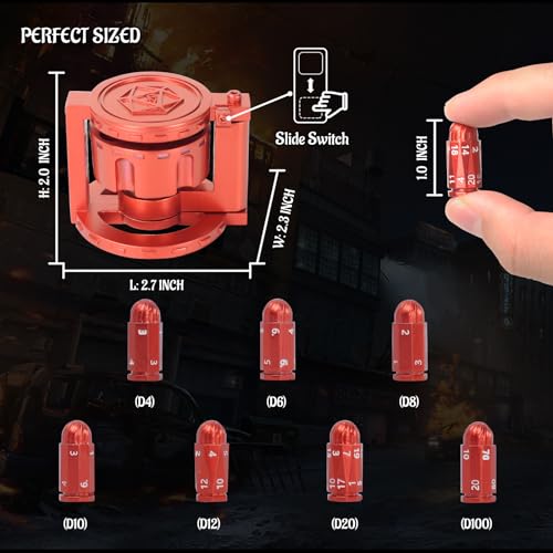 Metal Polyhedral Bullet Dice Set of 7 with Spinning Revolver Cylinder Container (Blue) J495712