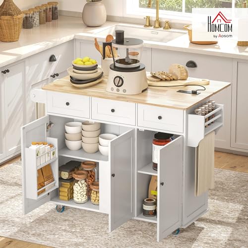 White Rolling Kitchen Island with Wood Top, 3 Drawers, Adjustable Shelf H448543