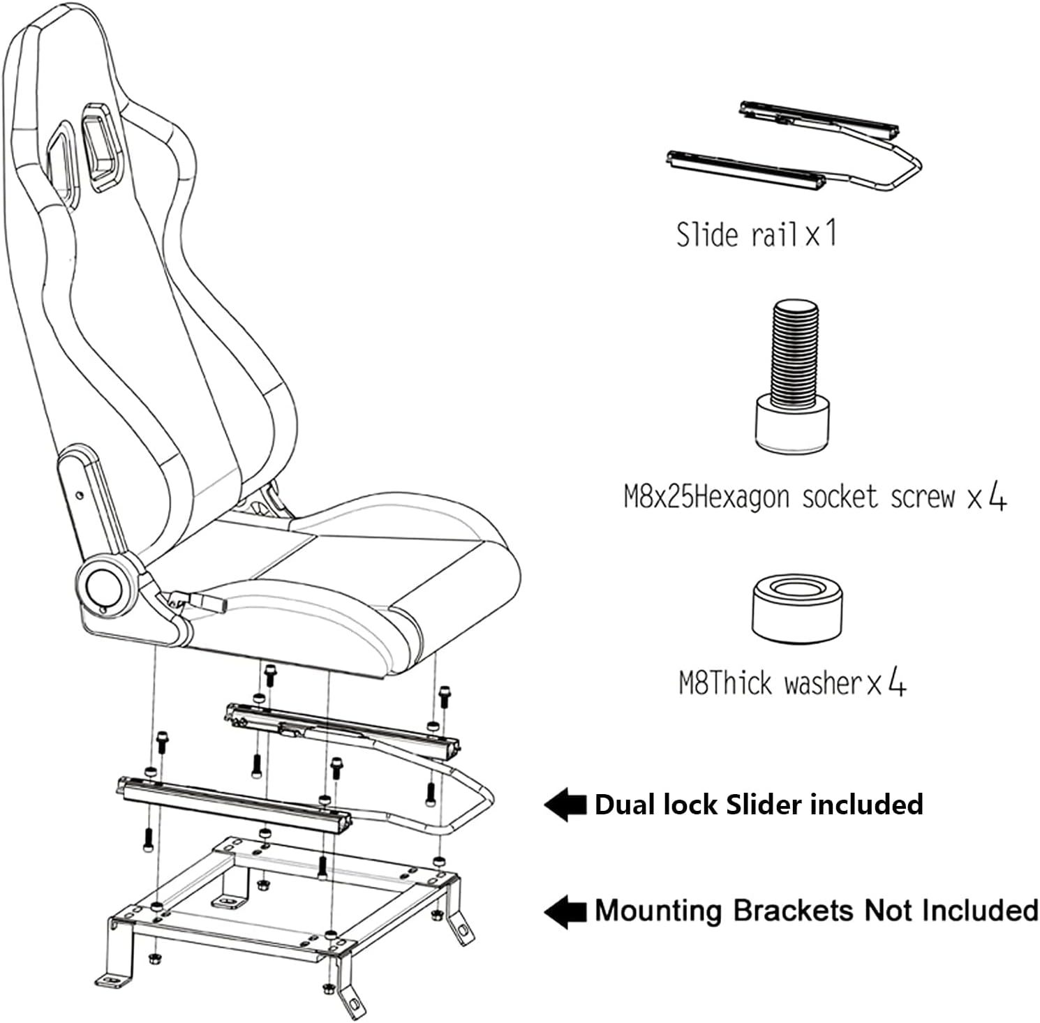 2PCS PVC Leather Racing Bucket Seats with Sliders (Black & White) E2766