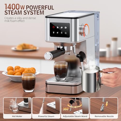 Silver Stainless Steel Espresso Machine with Milk Frother, 20 Bar, 57.5oz Water Tank K4755
