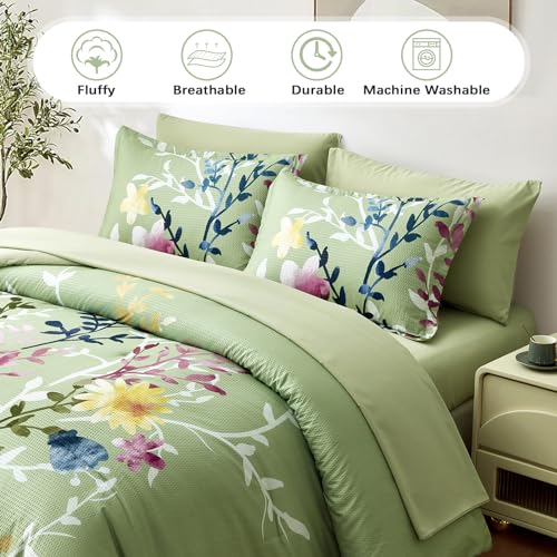 Sage Green King Floral Comforter Set with Sheets and Pillowcases J2890