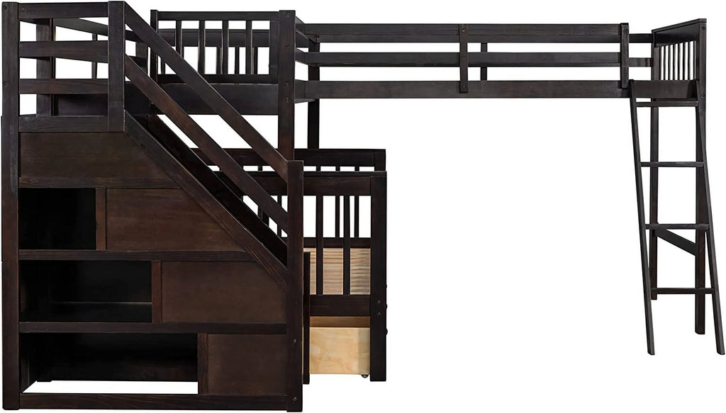 Twin Over Full L-Shaped Triple Bunk Bed with 3 Storage Drawers and Stairs B372387