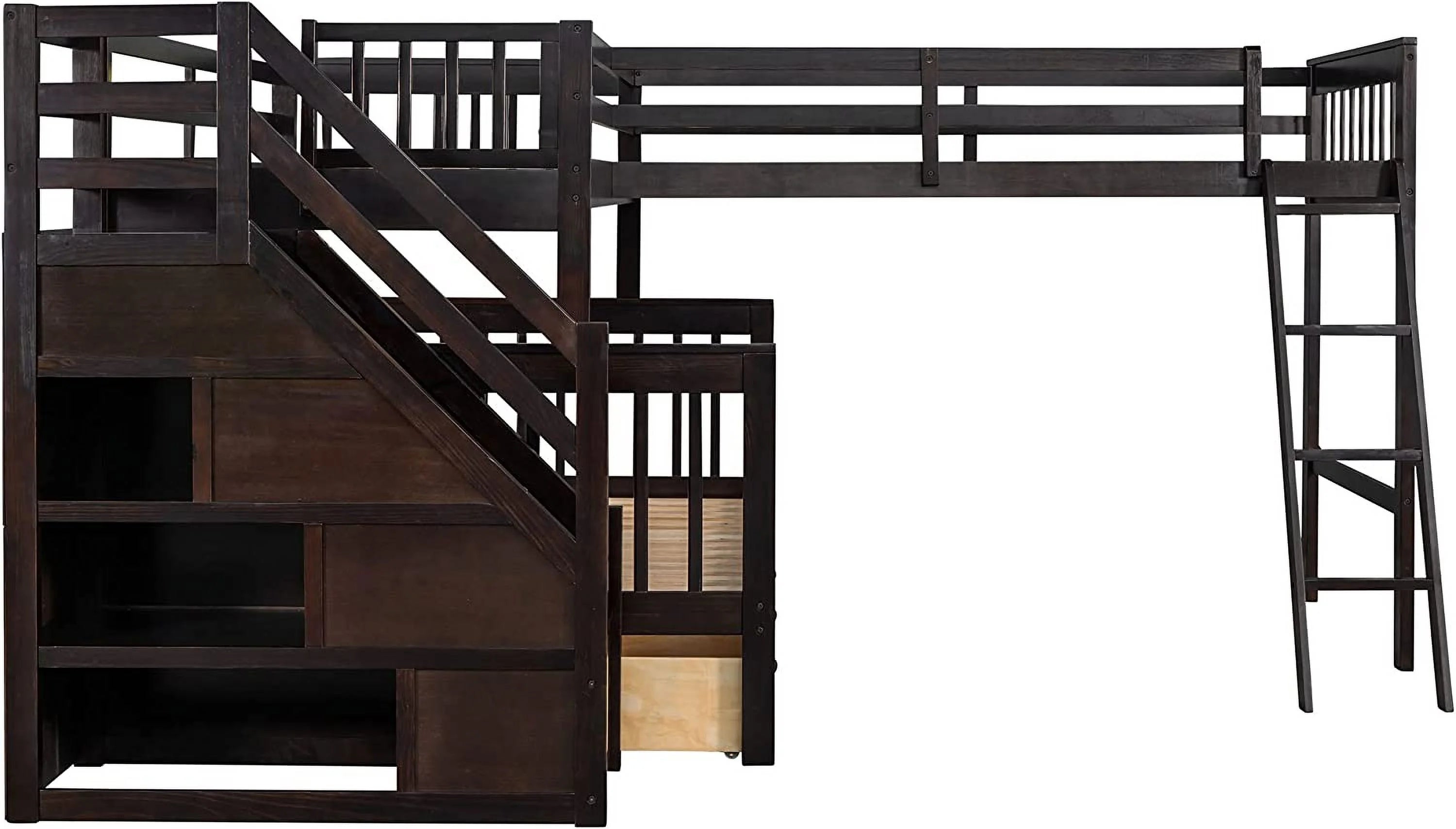 Twin Over Full L-Shaped Triple Bunk Bed with 3 Storage Drawers and Stairs B372387
