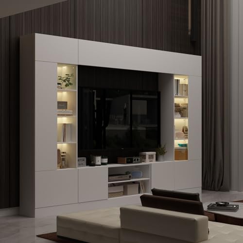 White Entertainment Center with Bookshelves and Doors 81.1"W x 11.8"D x 70.9"H G3246
