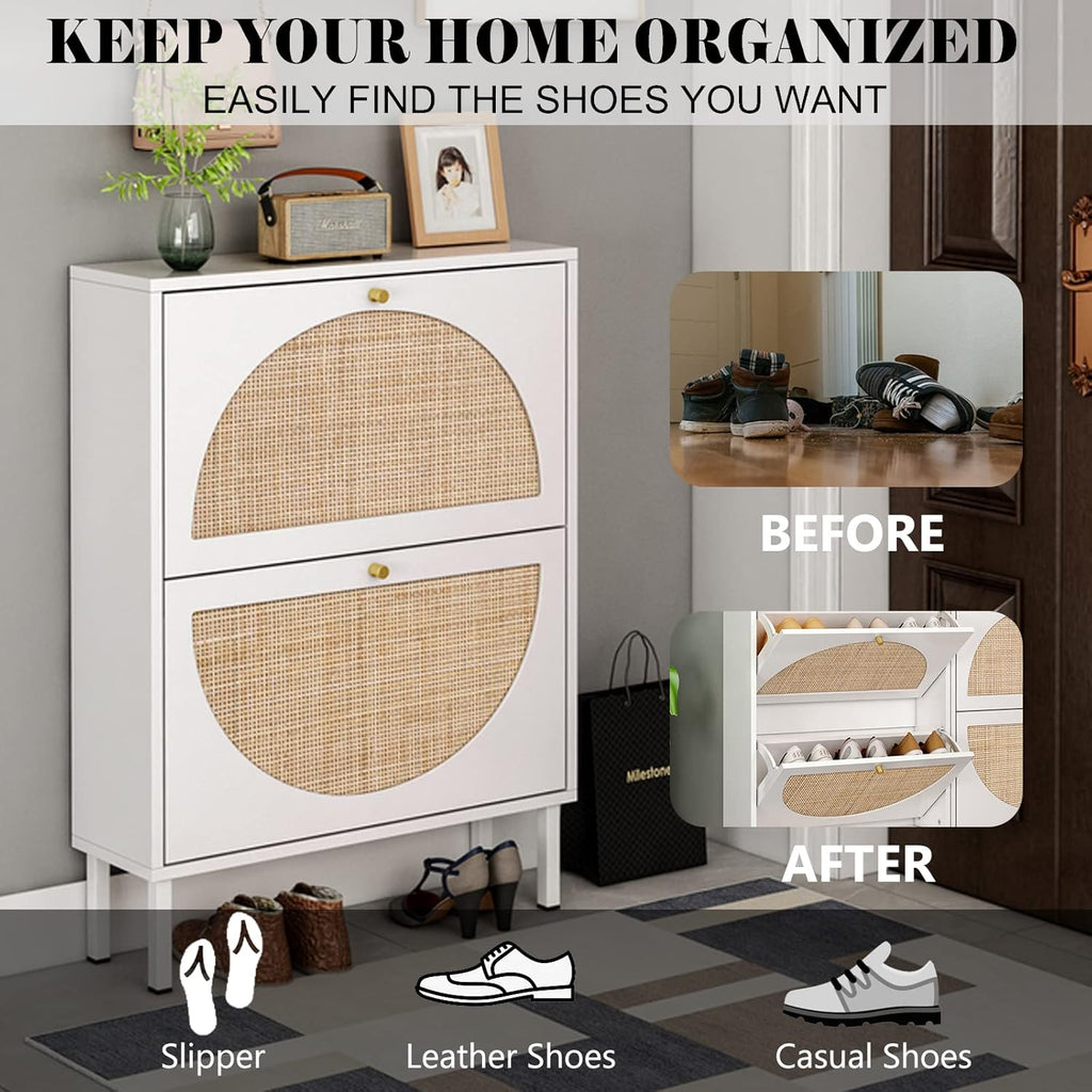 White Rattan Shoe Cabinet with 2 Flip Drawers M1017