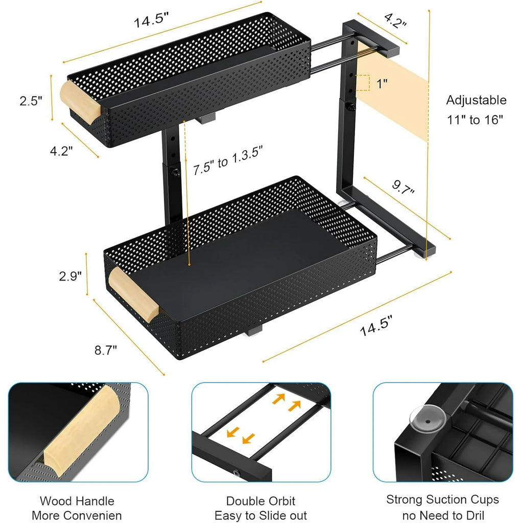 2 PACK 5 Height Adjustable 2 Tiers Pull Out Drawer Shelves Metal Slide Tray Organizer V312
