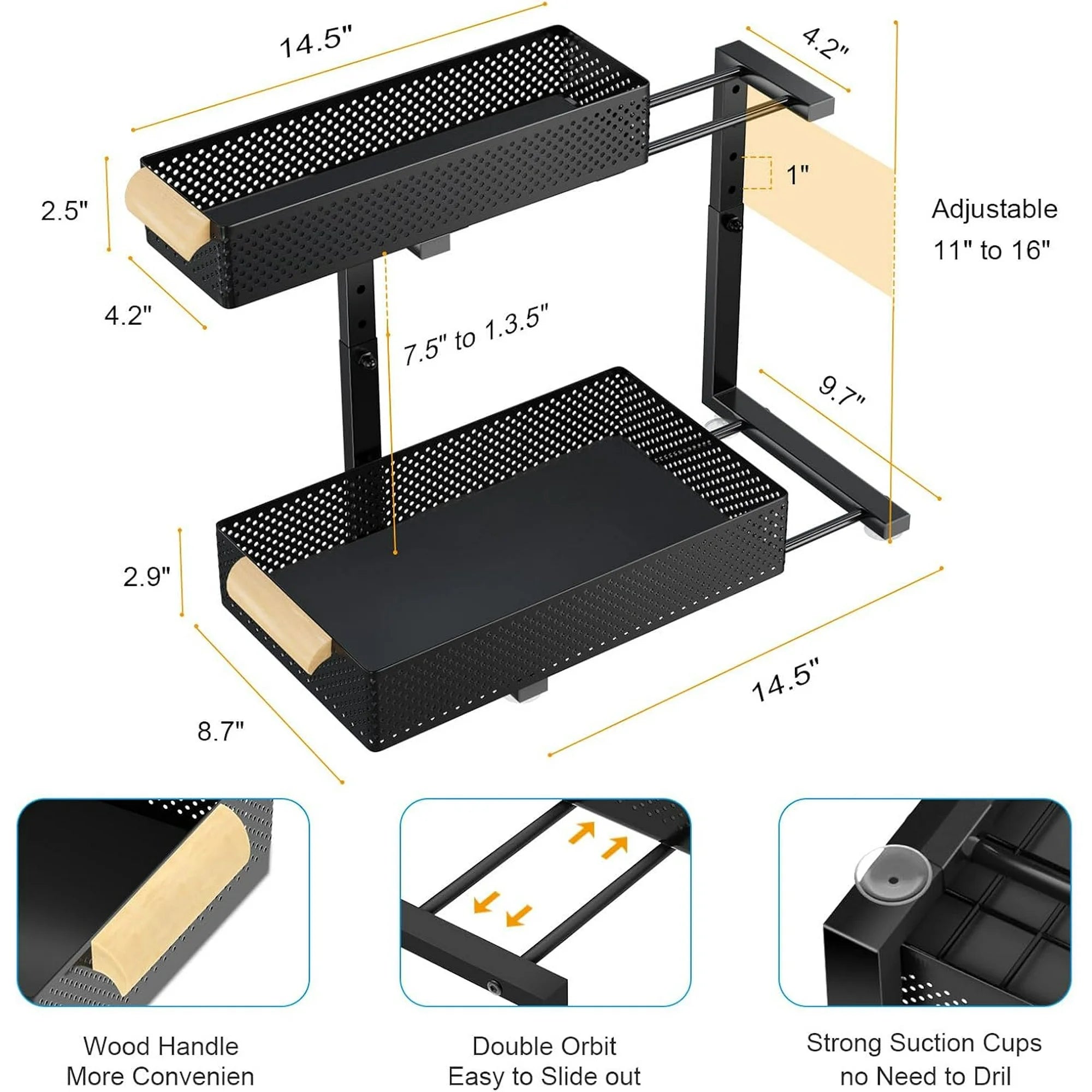 2 PACK 5 Height Adjustable 2 Tiers Pull Out Drawer Shelves Metal Slide Tray Organizer V312