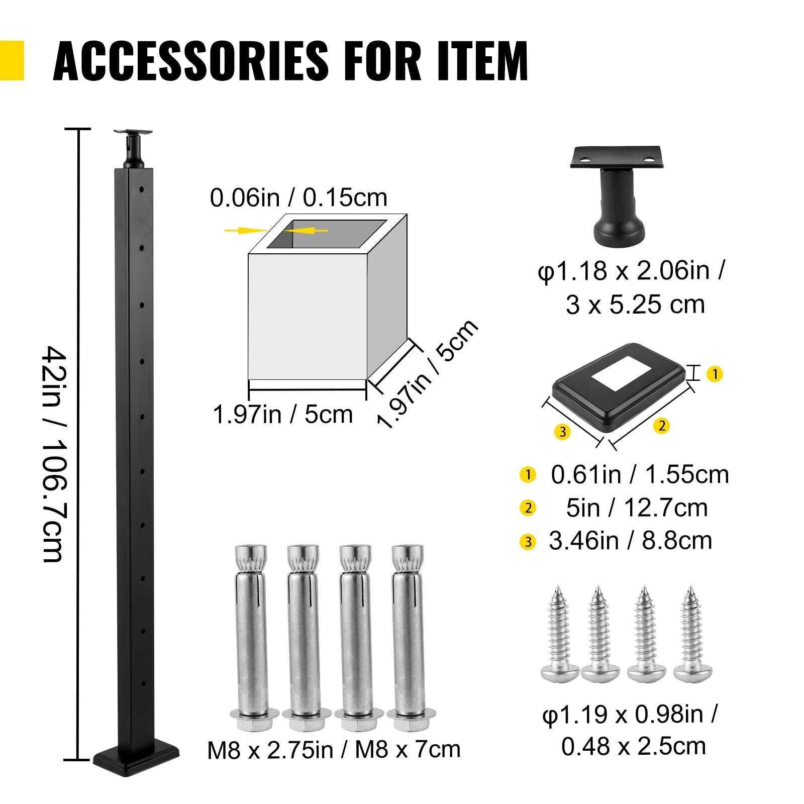 Black Stainless Steel Handrail Post 42 x 1.97 x 1.97" V369
