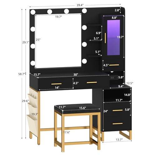 White Vanity Desk with Lighted Mirror and Chair, 5 Drawers Vanity Table Set with LED Cabinet & Storage Bag I703283