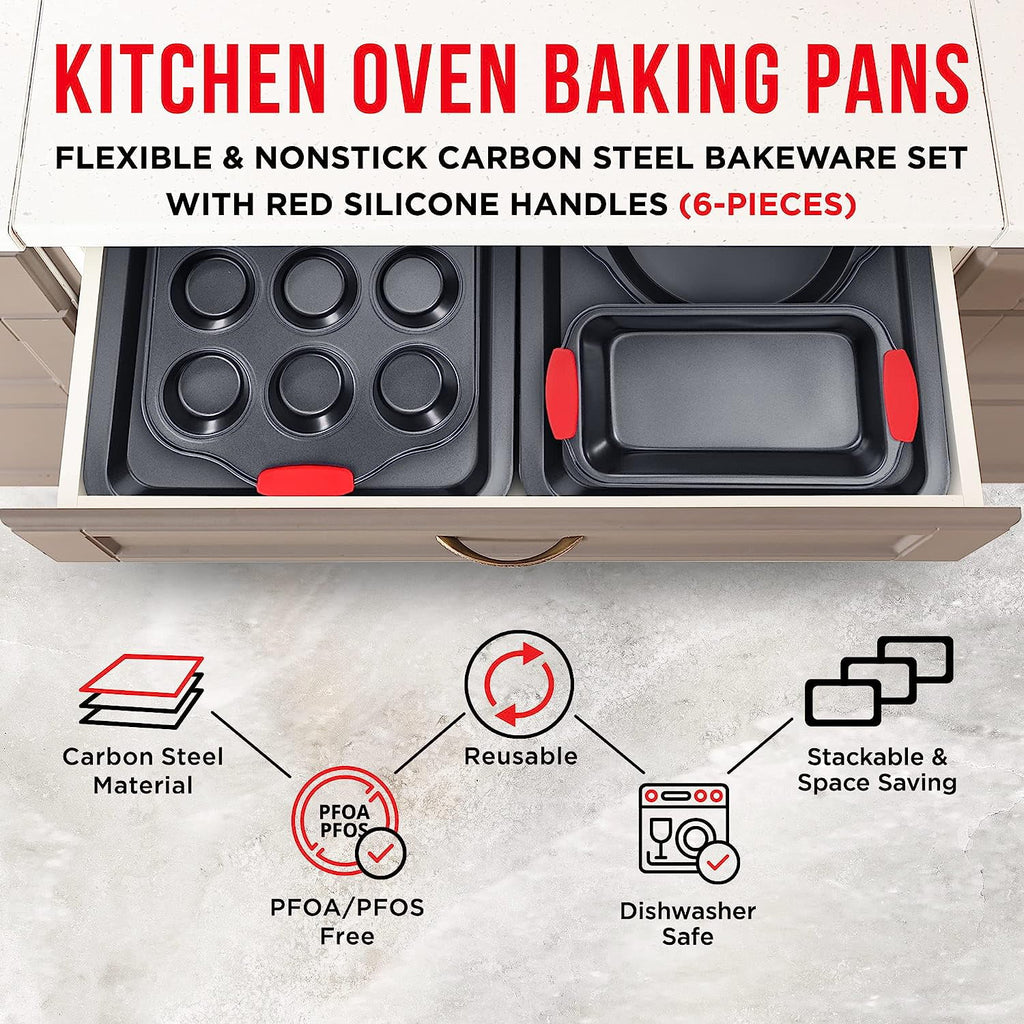 6 Piece Non-Stick Carbon Steel Bakeware Set with Red Silicone Handles Z7135