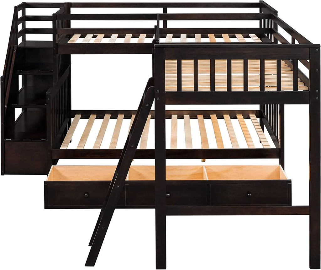 Twin Over Full L-Shaped Triple Bunk Bed with 3 Storage Drawers and Stairs B372387