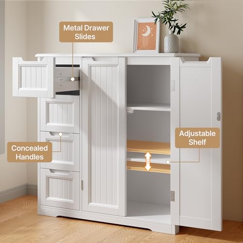 White Storage Cabinet with 4 Drawers & Double Doors T3772