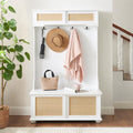 64" 3-in-1 Hall Tree Entryway Four Hooks Rattan Door Shelves Shoe Storage Bench Cabinets with Solid Feet J235716