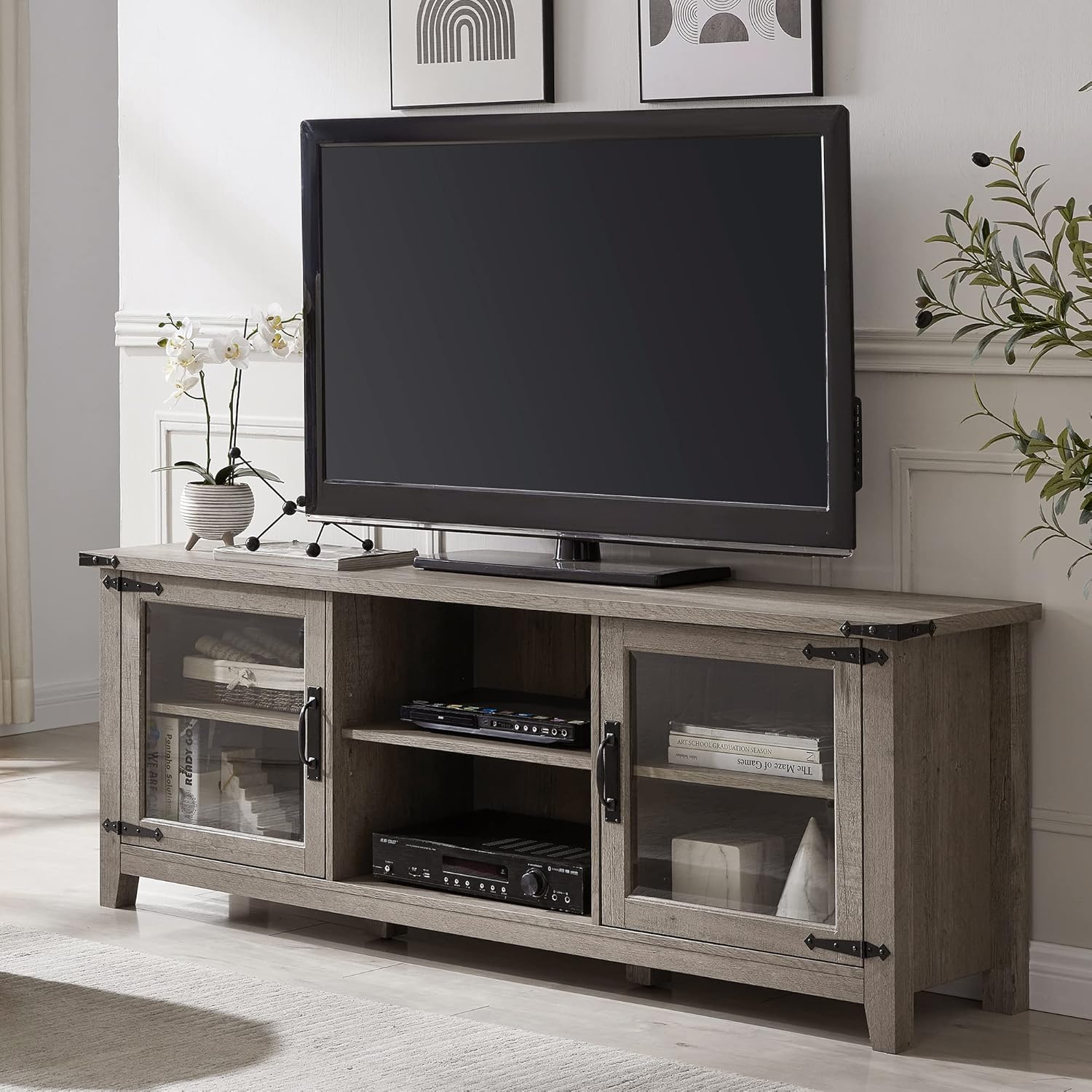 Light Rustic Oak TV Stand with Glass Storage Cabinets T153860