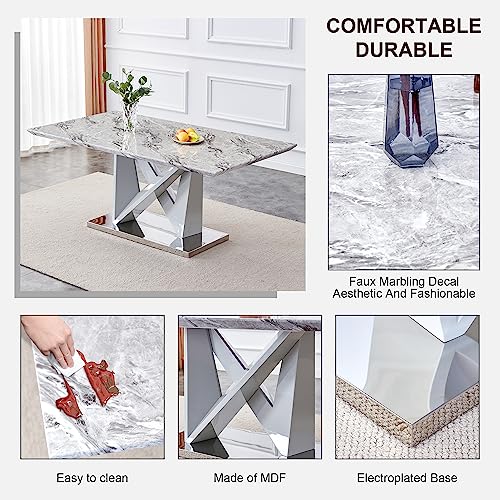 63" Faux Marble Dining Table Set with 6 PU Leather Upholstered Dining Chairs, 7 Piece T5388