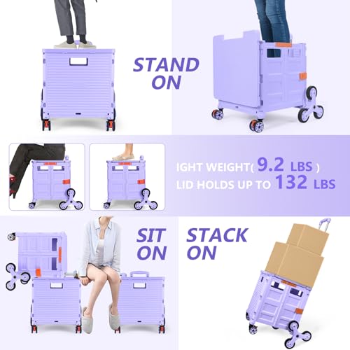 Foldable Utility Cart with Stair Climbing Wheels, Collapsible Rolling Crate with Magnetic Lid Telescopic Cover, Telescoping Handle, 360° Rotate Wheel Hand Cart (Purple) V69719