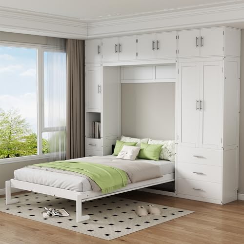 Full Size White Wooden Murphy Bed with Lockers and Wardrobes S320