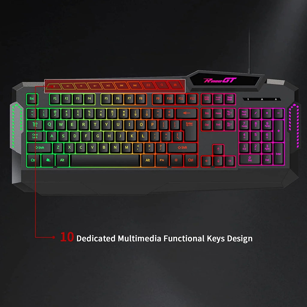 114 Keys Full Size Wired Rainbow LED Backlit Quiet Computer Keyboard with Wrist Rest H796