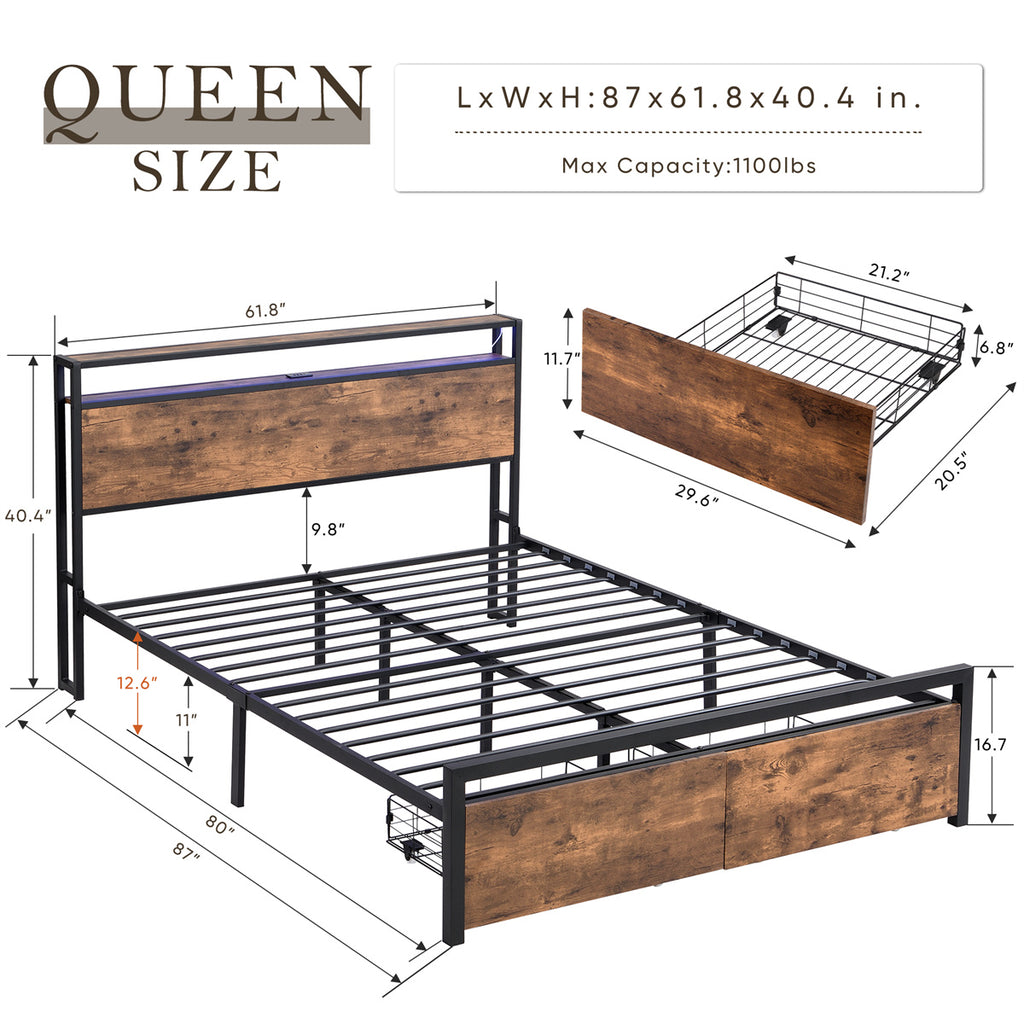 Queen Size Metal Bed Frame with Storage Headboard and 2 Drawers I5040