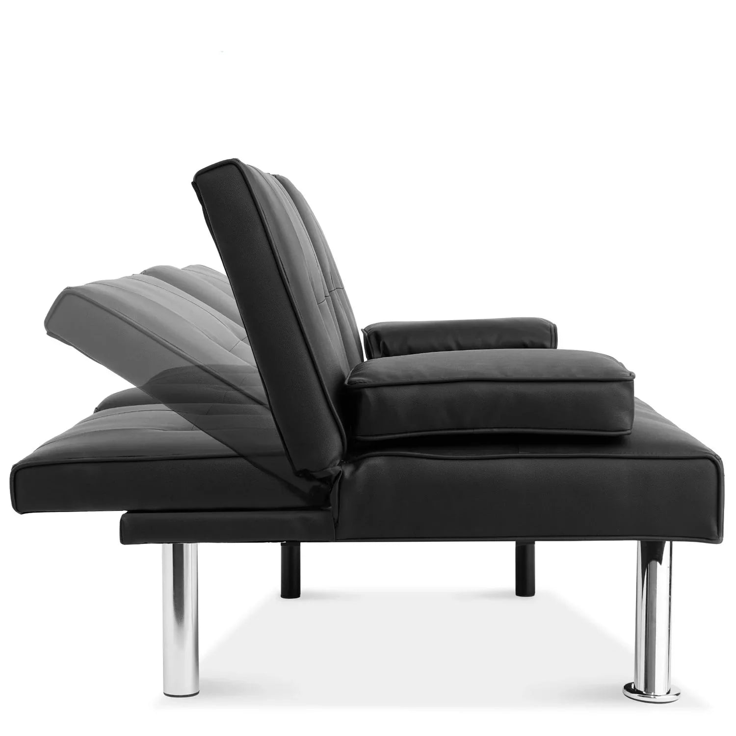 Black Faux Leather Convertible Sofa Futon with 2 Cup Holders J25426