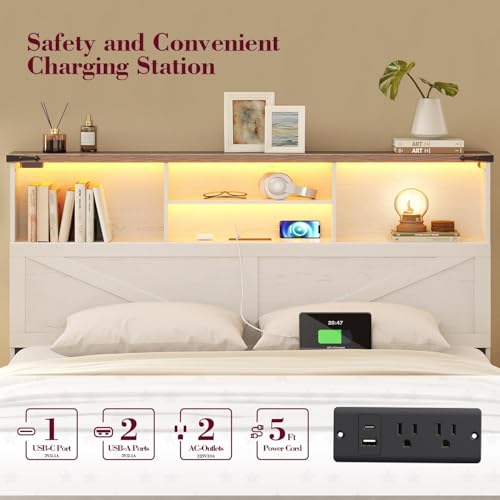 White Full Size Bed Frame with Bookshelf Headboard and Storage Drawers G348