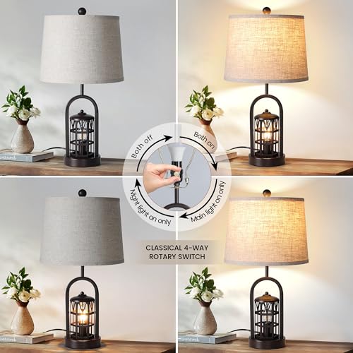 23" Rustic Table Lamp Set of 2 with Night Light, Brown T698