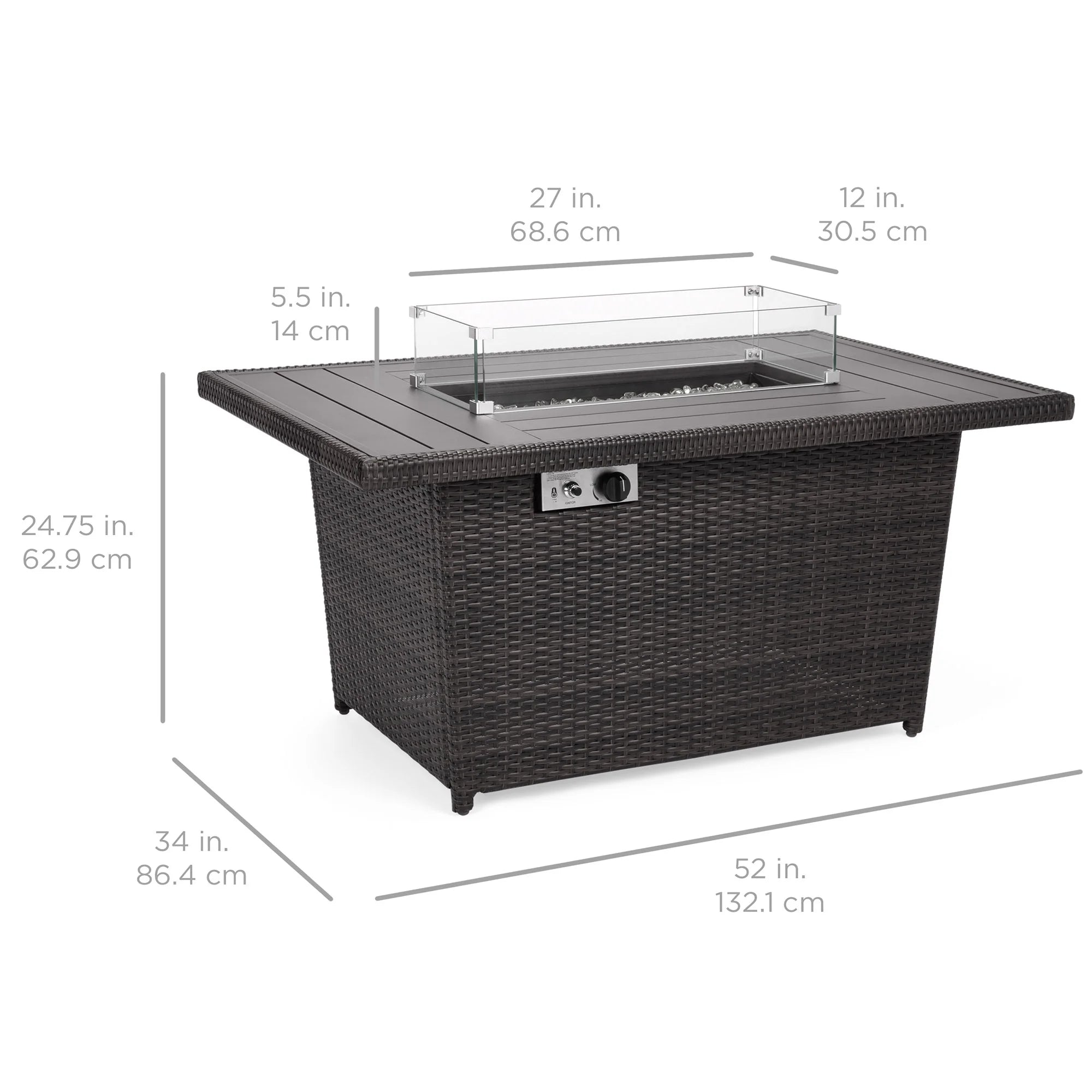 52in Gray Wicker Propane Gas Fire Pit Table with Glass Wind Guard F5117