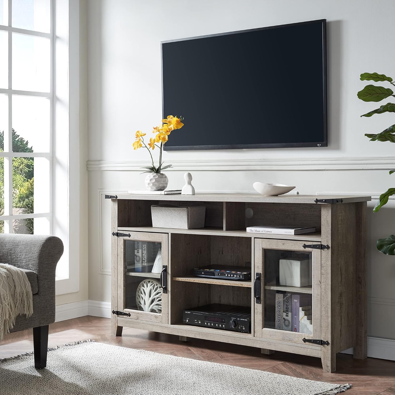 Light Rustic Oak TV Stand with Glass Storage Cabinets T153860