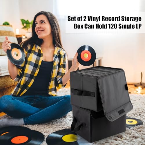 7-inch Vinyl Record Storage Box, Nylon Foldable Set of 2 with Lid and Handle T858