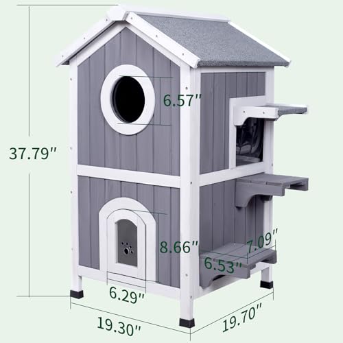 Outdoor Cat House Weatherproof Wooden Two-Story Feral Cat Shelter with Openable Roof Escape Door Balcony Z669967