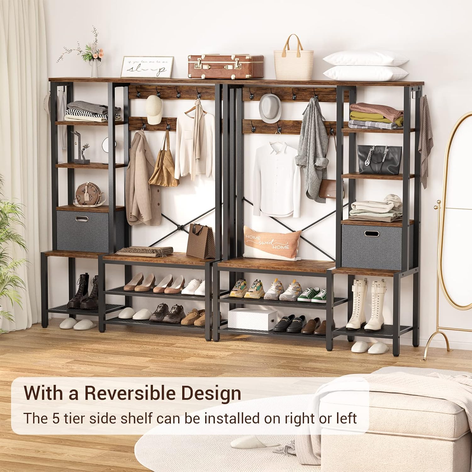 Rustic Brown Hall Tree with Storage Bench, Coat Rack, 5-Tier Shelves, Fabric Storage Basket, Side hooks, Metal Frame L41046