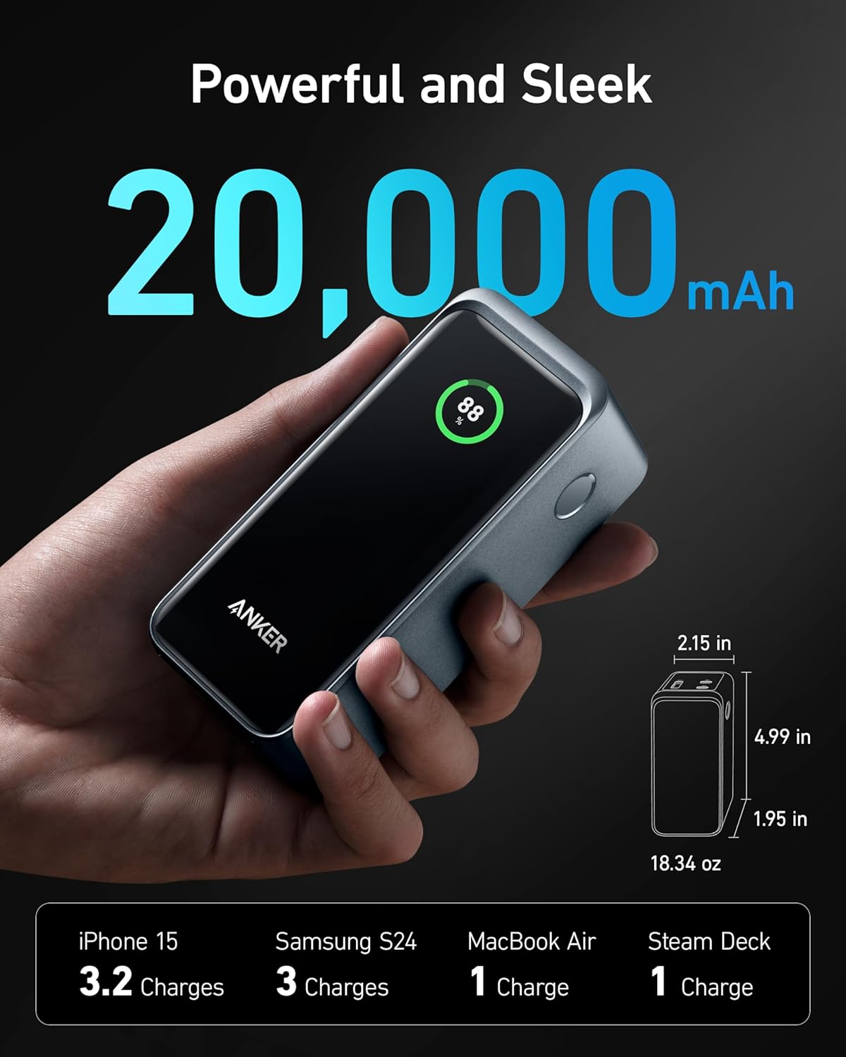 20,000mAh Portable Charger with 200W Output and Built-in USB-C Cable T71189