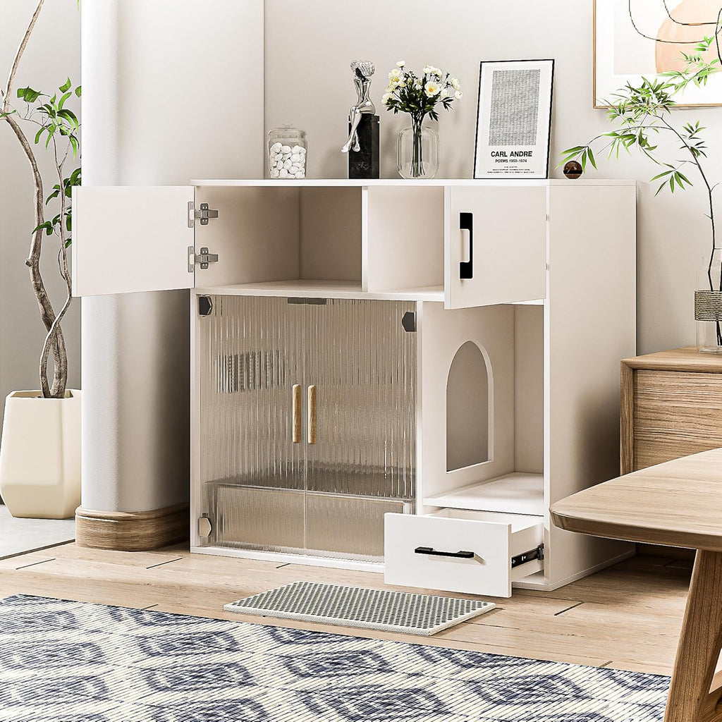 White Cat Litter Box Enclosure Furniture Cabinet with Storage Space, 37.4'' x 19.7'' x 35.4'' I28915