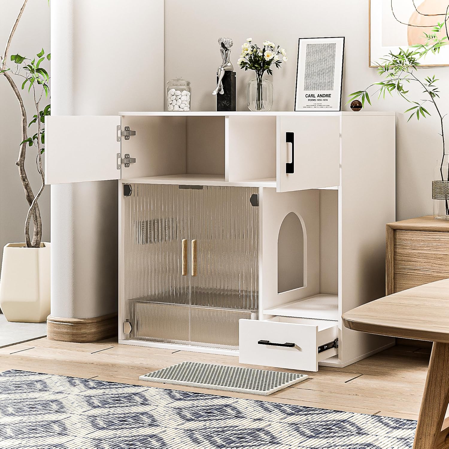 White Cat Litter Box Enclosure Furniture Cabinet with Storage Space, 37.4'' x 19.7'' x 35.4'' I28915
