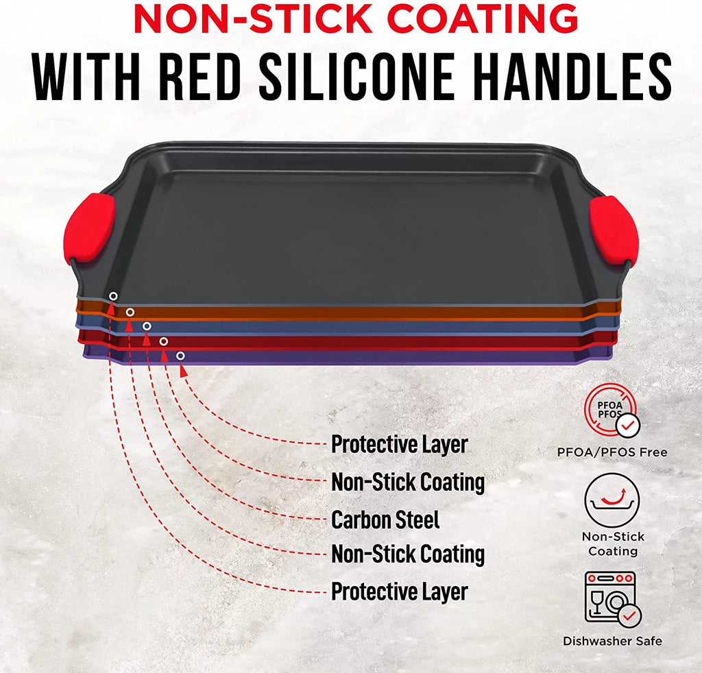 6 Piece Non-Stick Carbon Steel Bakeware Set with Red Silicone Handles Z7135
